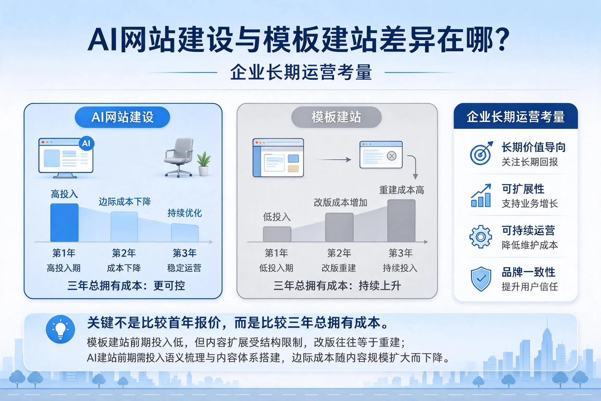 AI网站建设与模板建站差异在哪?泰州企业长期运营考量